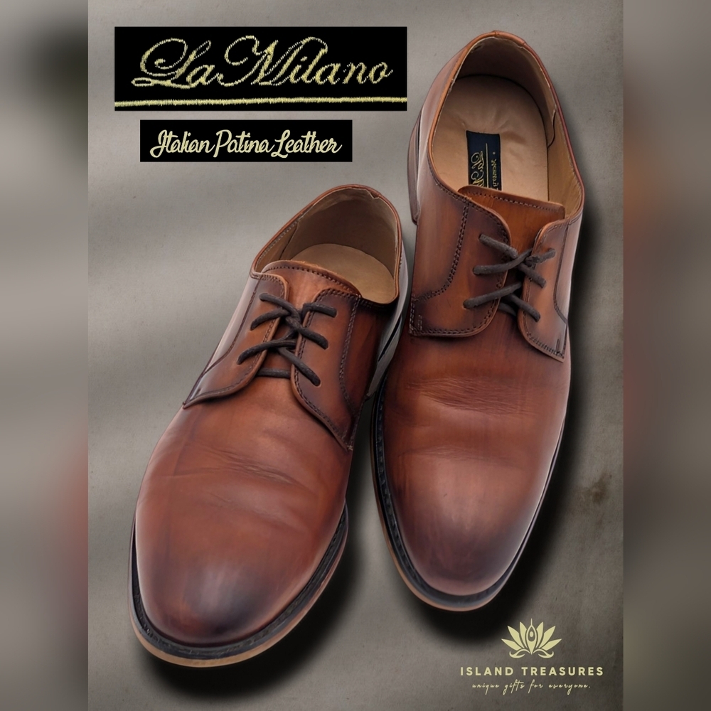 La Milano Raymond Men Laceup Dress Shoes Patina Collection Sz 10M Cognac Leather